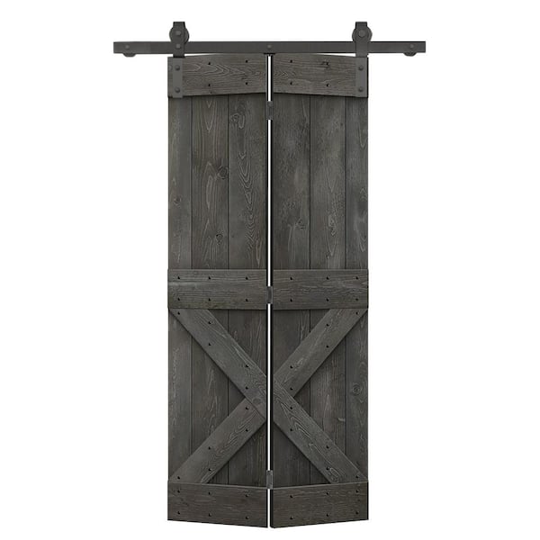 CALHOME 26 in. x 84 in. Mini X Series Solid Core Carbon Gray Stained DIY Wood Bi-Fold Barn Door with Sliding Hardware Kit