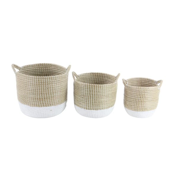 Seagrass Handmade Two Toned Storage Basket with Handles (Set of 3)