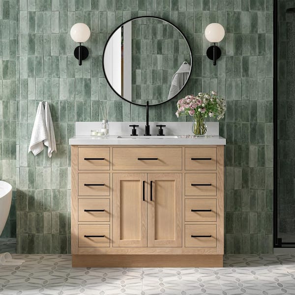 ARIEL Hepburn 43 in. W x 22 in. D x 36 in. H Single Freestanding Bath Vanity in Oak with Pure White Quartz Top