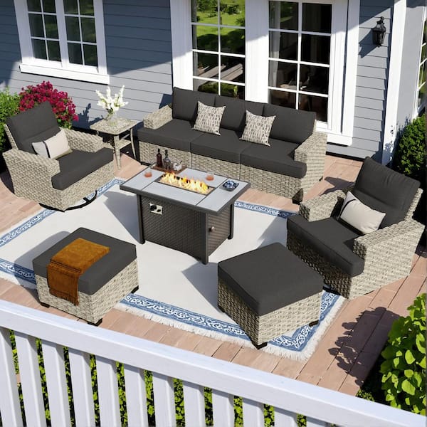 OVIOS Tibercy Gray 9-Piece Wicker Patio Rectangle Fire Pit Conversation Set with Black Cushions and Swivel Chairs