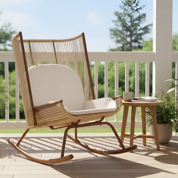 Arc Rocking Chair CHRISTOPHER KNIGHT HOME Asa Beige Metal and PE Rattan Patio Outdoor ...