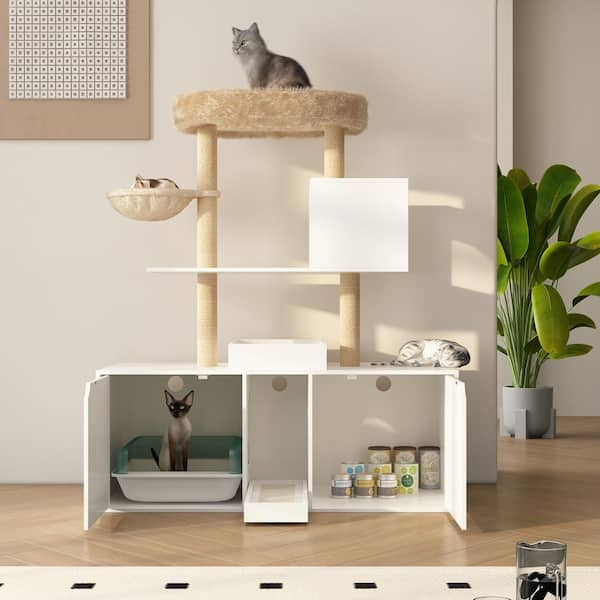 FUFU&GAGA Cat Tree Tower with Double Litter Box Enclosure, All-in