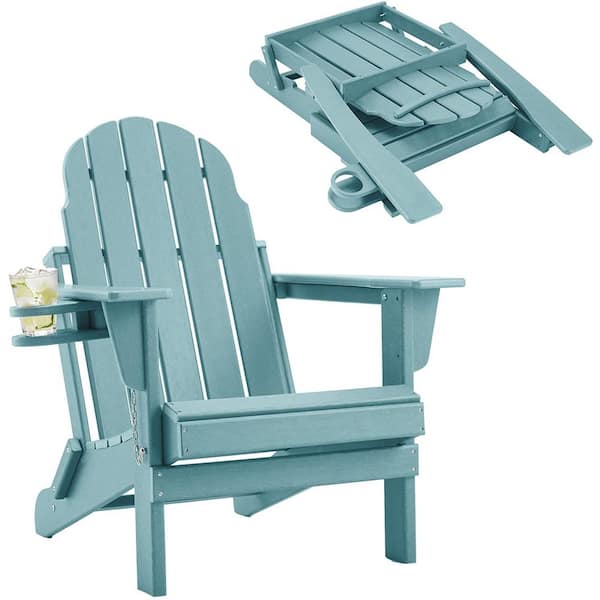 Aruba Blue HDPE Folding Plastic Adirondack Chair Weather Resistant HDPE Patio Furniture Sets with Cup Holder