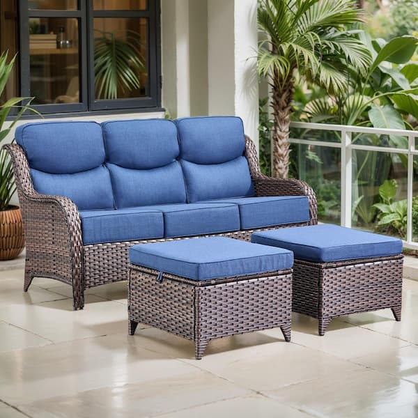 Arcadia 3-Piece Brown Wicker Outdoor 3-Seat Couch with High Curved Back and 6 in. Thick Navy Blue Cushions and Ottomans