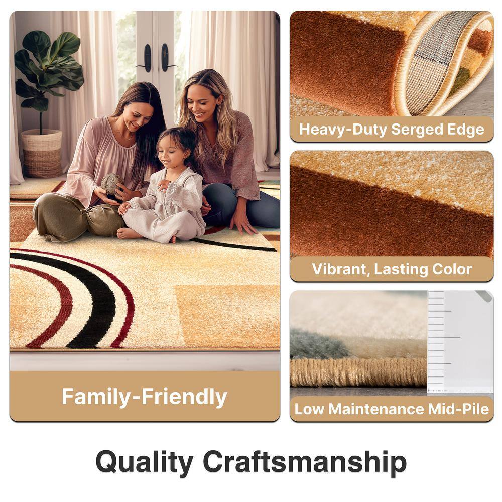 Ivory and Multicolor Geometric Pattern Synthetic Area Rug