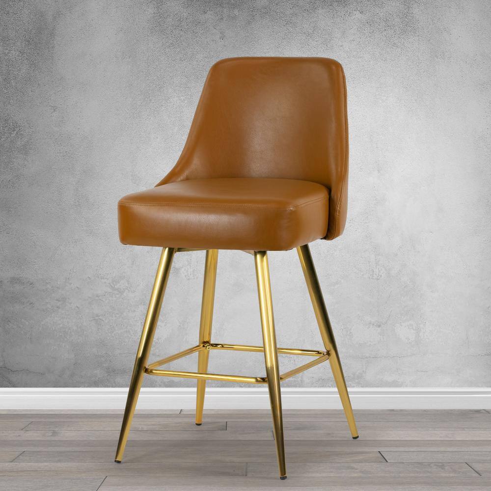 Set of 2 Light Brown Upholstered Iron Frame Counter Stools with Golden Legs