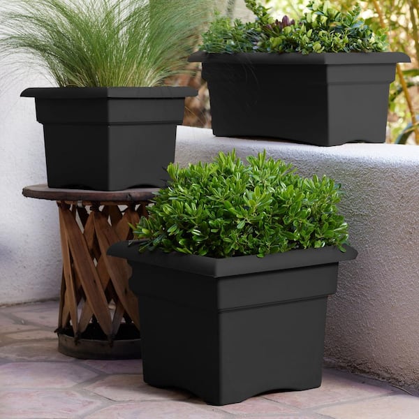 Veranda Square 18 in. Black Plastic Deck Box Planter