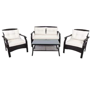 Brown 4-Piece Wicker Metal Outdoor Sectional Set with Beige Cushions