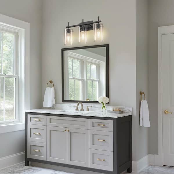 20 in. 3-Light Bathroom Fixture, Black Metal Vanity Light Frame with Clear Glass Shades, Modern Bathroom Lighting