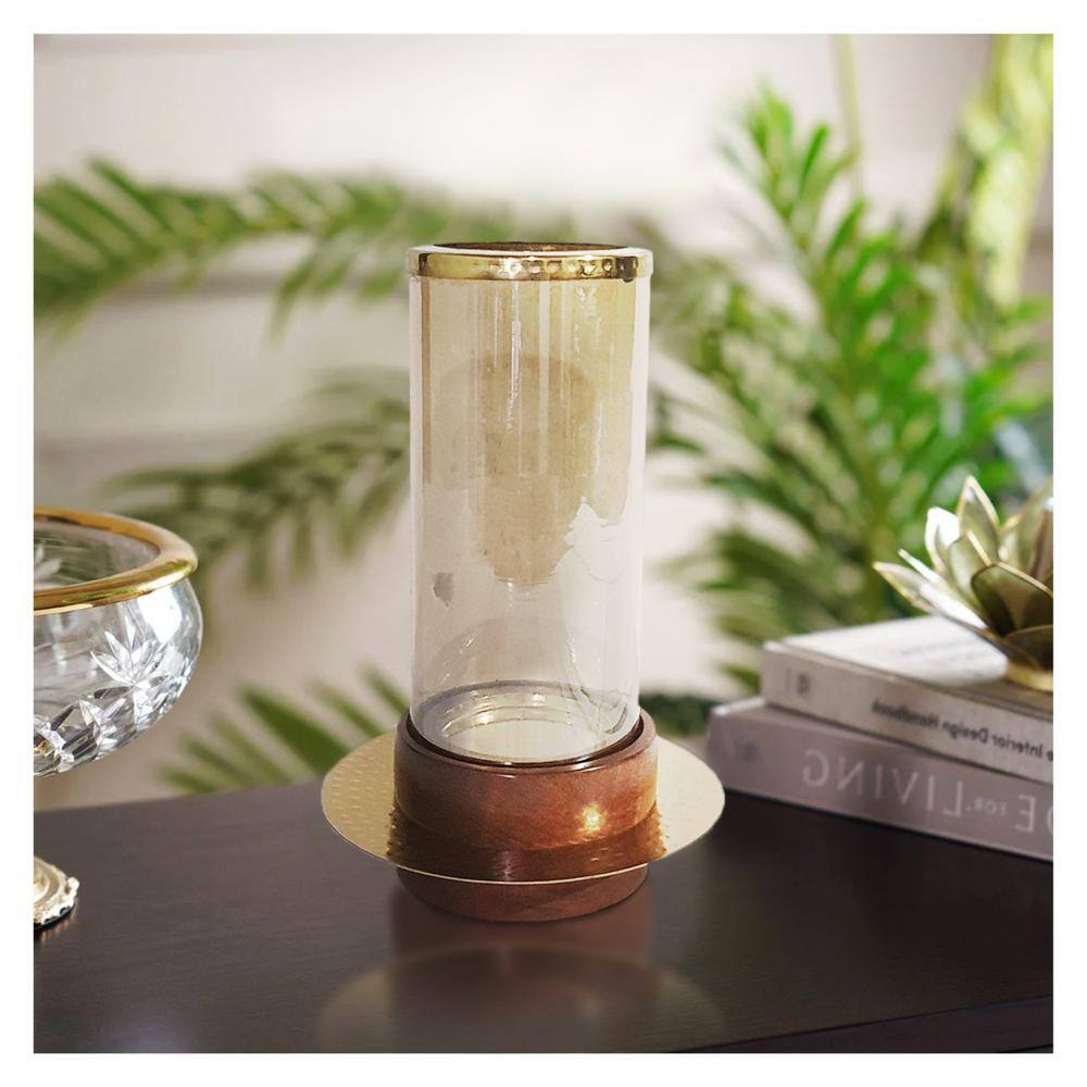 Vintage Acacia Wood Base Glass Hurricane Candle Holder, 11"