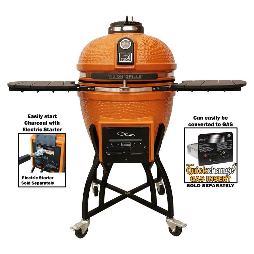 Vision Grills 22 in. Kamado S-Series Ceramic Charcoal Grill in Orange with Cover, Cart, Side Shelves, Two Cooking Grates, Ash Drawer -  S-O4C1D1