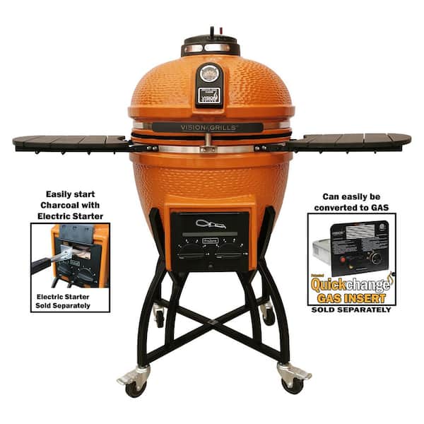 Vision Grills 22 in. Kamado S-Series Ceramic Charcoal Grill in Orange with Cover, Cart, Side Shelves, Two Cooking Grates, Ash Drawer