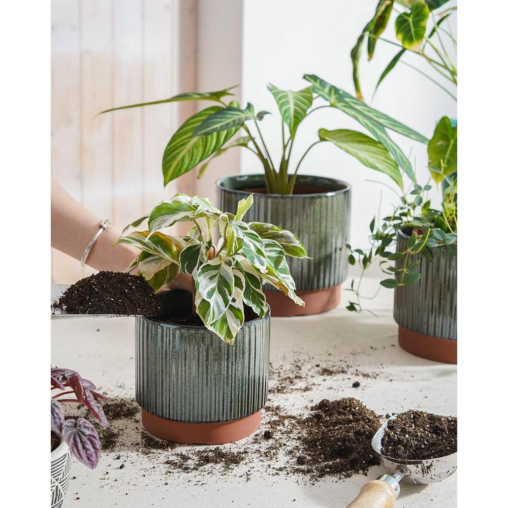 Reactive Glaze Black Ceramic Stripe Round Planter Set with Drainage Holes