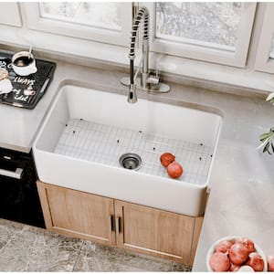 White Fireclay 33 in. Single Bowl Farmhouse Apron Kitchen Sink with Two-function sprinkler Kitchen Faucet