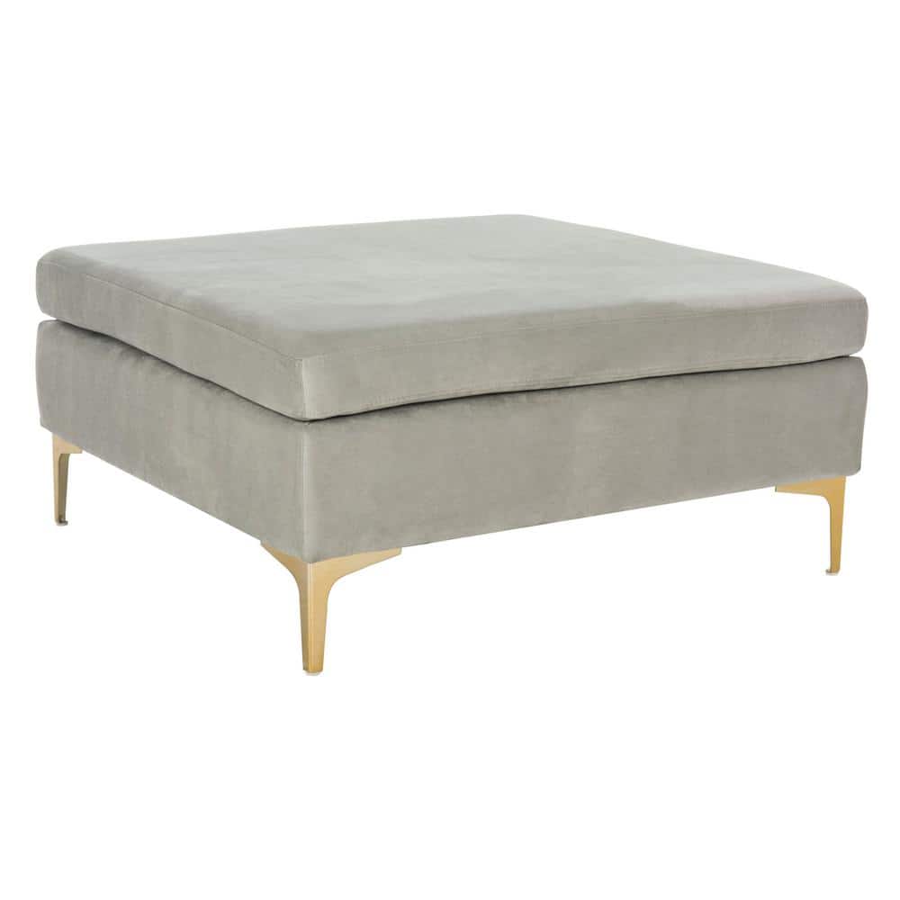 Giovanna Transitional Grey Velvet Square Ottoman with Brass Legs