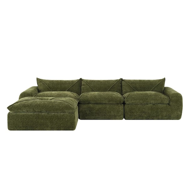 116 in. Chenille Fully Compressed Sectional Sofa in. Green