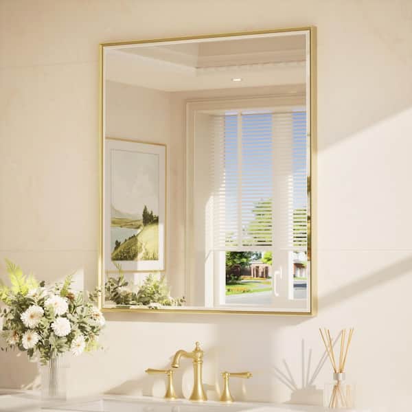 30 in. W x 36 in. H Framed Brushed Gold Mirrors for Bathroom Wall Beveled Mirror Bathroom Vanity Mirror Over Sink