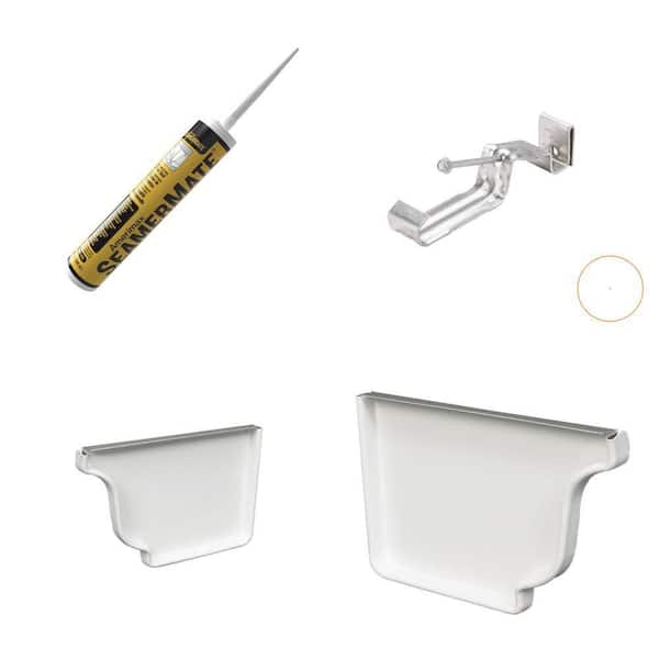 5 in. White Aluminum K-Style Left and Right End Cap, Gutter Hanger with Screw, and SeamerMate 10 oz. Sealant Kit