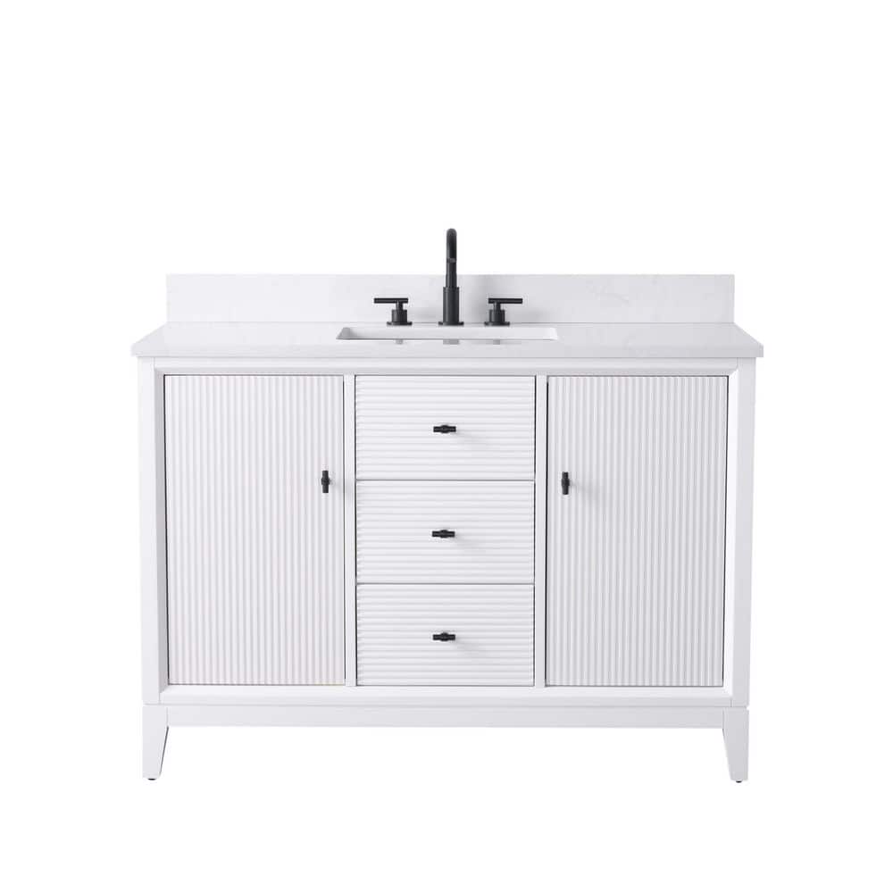 48 in. W x 22 in. D Single Sink Freestanding White Bath Vanity Cabinet with White Engineered Marble Top