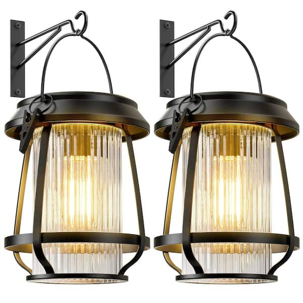 Metal Hanging Solar Lights Outdoor with Hooks Wall Mount Kit, Garden Porch Patio Fence Decorative 2-Pack