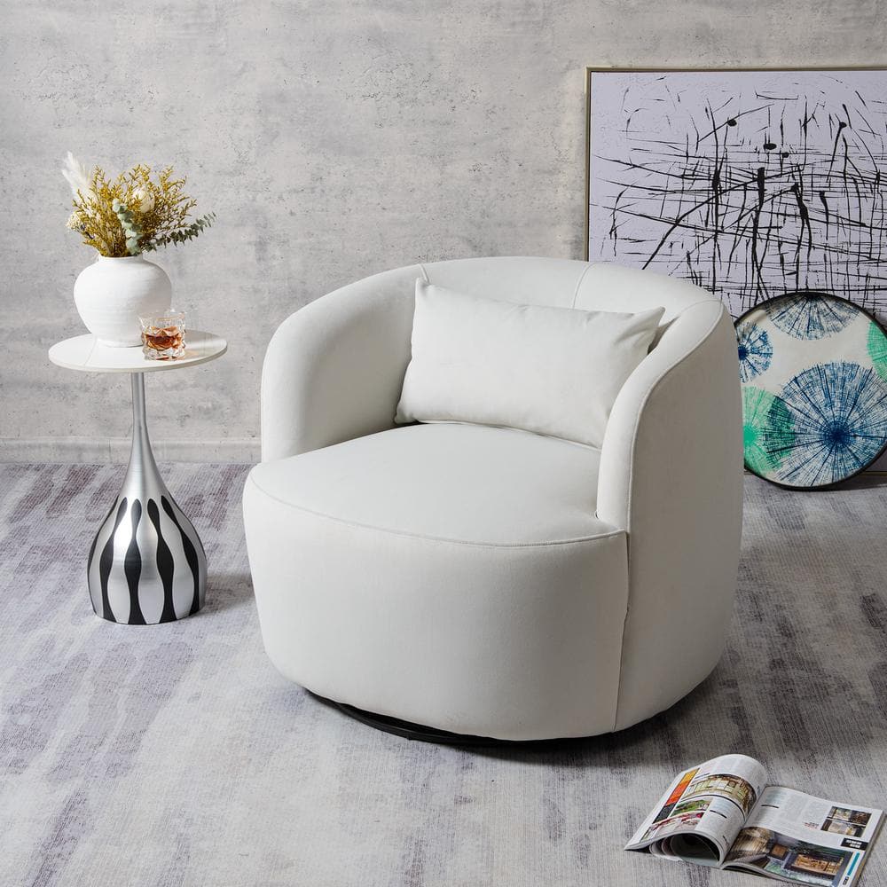 KINWELL Modern Off White Velvet Fabric Upholstered Swivel Accent ...