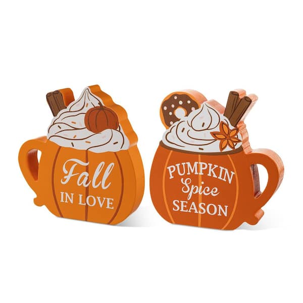 Set of 2-5.25 in. H Fall Wood Pumpkin Coffee Mug Table Decor