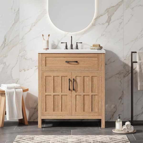 LuckByte 30 in.Natural Wood Rectangle Vessel Sink Bathroom Vanity