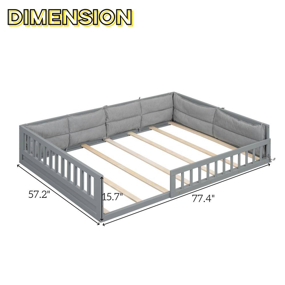 Gray Wood Frame Full Size Platform Bed with Pillows and Guardrails - thumbnail 3