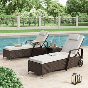 2-Piece Patio Rattan Wicker Outdoor Chaise Lounge Chair with Adjustable Back, Wheels, Tea Table with White Cushions
