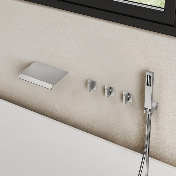Waterfall Triple Handles 2-Sprayer Wall Mount Bathtub Tub Shower Faucet with Hand Shower in Brushed Nickel