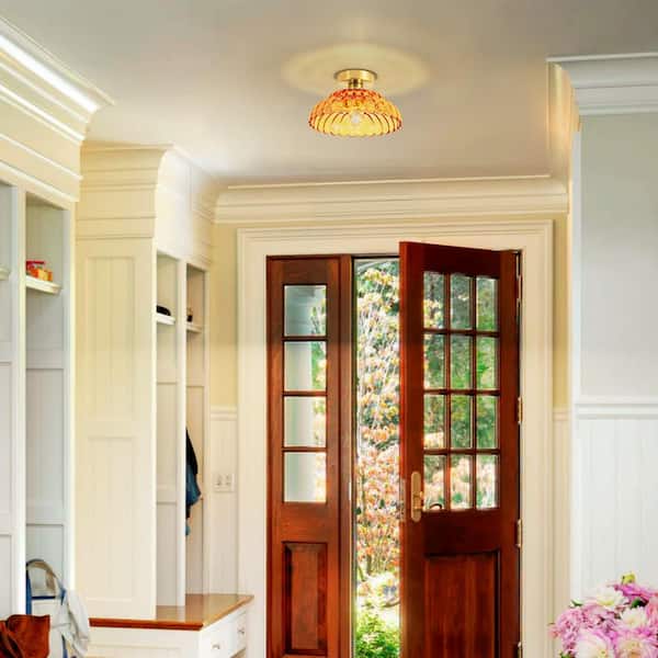 Blanche 11.8 in. 1-Light Modern Gold Dome Semi-Flush Mount Light w/ Textured Amber Glass