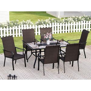 Black 7-Piece Metal Patio Outdoor Dining Set with Geometric Rectangle Table and Brown Rattan High Back Arm Chairs