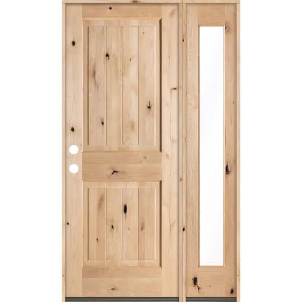 Krosswood Doors 44 in. x 80 in. Rustic Unfinished Knotty Alder Sq-Top VG Right-Hand Right Full Sidelite Clear Glass Prehung Front Door