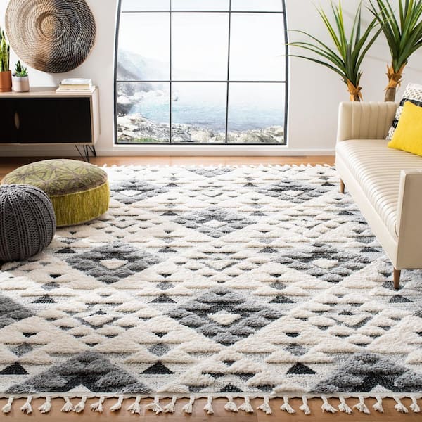 Moroccan Tassel Shag Ivory/Gray 12 ft. x 12 ft. High-Low Geometric Fringe Square Area Rug