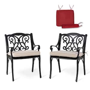 Set of 2 Cast Aluminium Dining Chairs with Beige Cushions and Alternative Wine Red Cushion Covers, Olefin Fabric