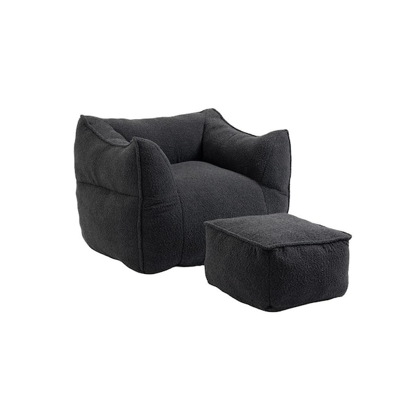 HOMEFUN Modern Carbon Black Boucle Square Bean Bag Accent Arm Chair with Ottoman