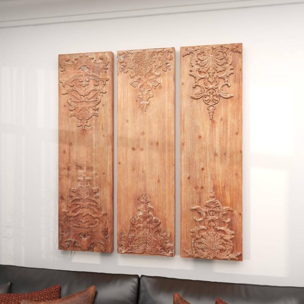 Brown Wood Carved Floral Antefix Wall Decor Set of 3