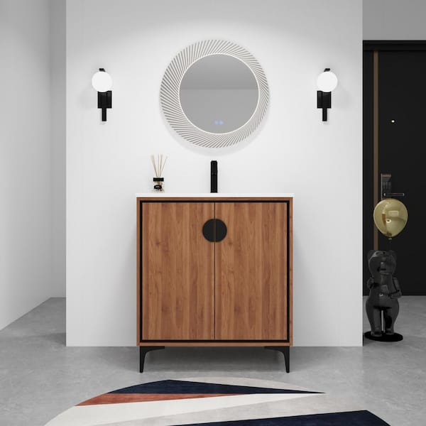 EAKYHOM 30 in. W x 18 in. D x 34 in. H Single Sink Freestanding Bath Vanity in Brown with White Ceramic Top