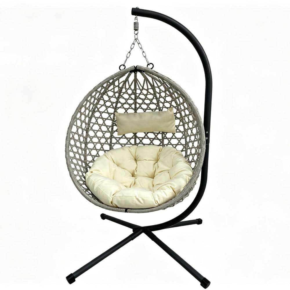 Aluminum Steel Frame Outdoor Folding PE Rattan Hanging Lounge chair with Stand With Beige cushion
