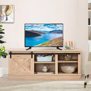 47 in. Natural Low Profile TV Stand Sliding Barn Door TV Stand for 50 in. TV Farmhouse Stand Modern Mid Century TV Stand