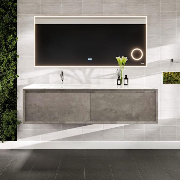 Eviva Aurora 60 in. Single Sink Floating Concrete Gray Bath Vanity with White Carrara Quartz Top (Assembled)
