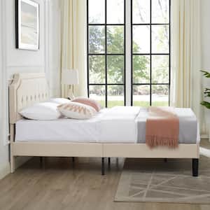 Upholstered Bed Beige Metal Frame Queen Platform Bed with Headboard Bed Frame with Sturdy Wood Slat Support