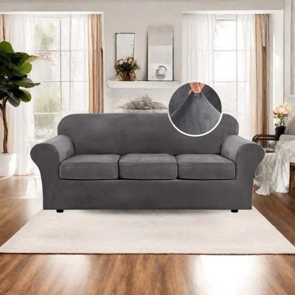 Gray 4-Piece Thick Velvet Sofa Covers, High Stretch Slipcovers, Furniture P