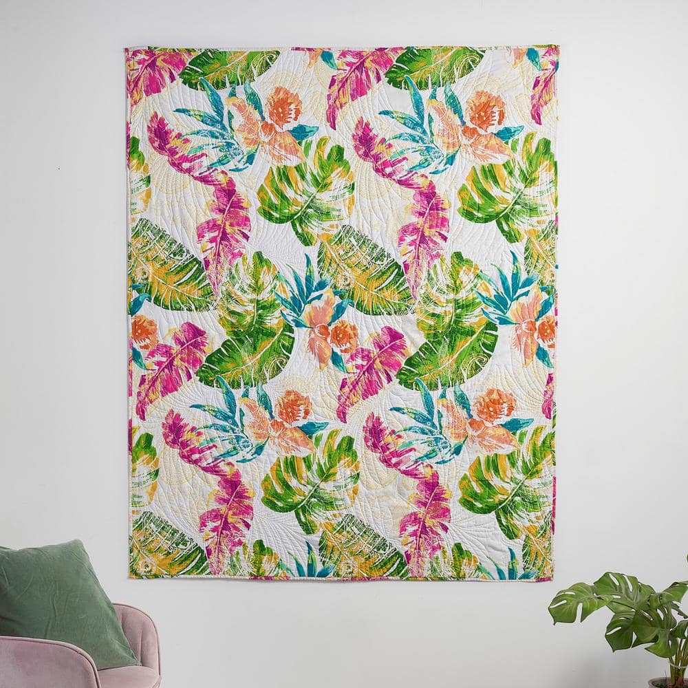 Tropical Oasis Reversible Quilted Throw - Coral & Jungle Green, 60"x50"
