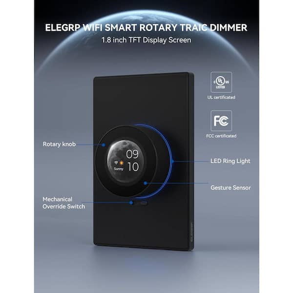 WiFi Smart Black Rotary Traic Dimmer with 1.8 in.TFT Display Screen, 3 Way, 2 Pack