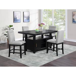 Yves Black Wood Counter Height Storage Dining Set 5-Piece with 4-Gray-Upholstered Side Chair and 1 14 in. Leaf