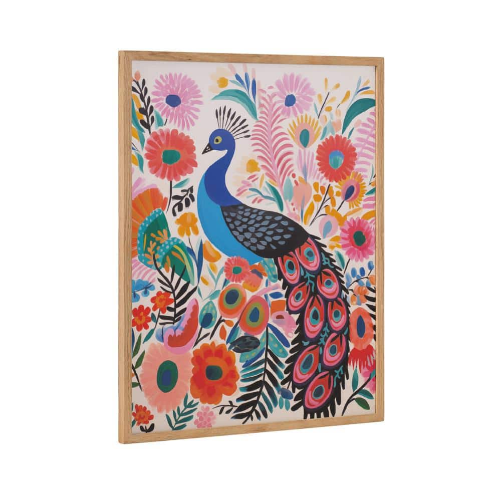 Bright Colorful Boho Peacock and Botanicals Print in Natural Wood Frame