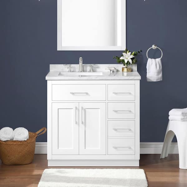 Athea 36 in. Freestanding White Bath Vanity with White Engineered Marble Top, Power Bar and Brushed Nickel Hardware