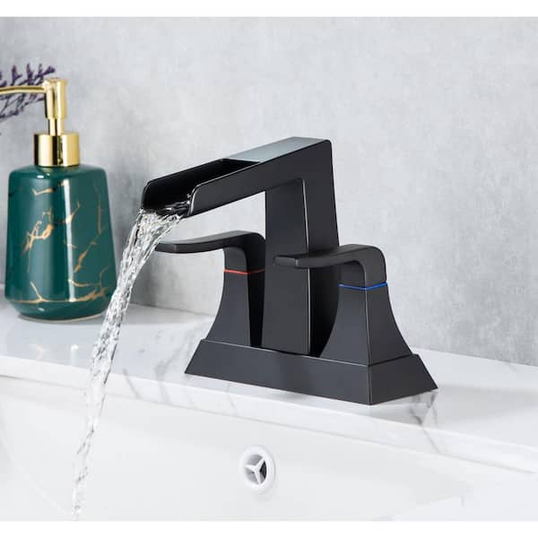 Square 4 in. Centerset 2-Handle Bathroom Faucet with Drain kit Included Waterfall Lavatory in Matte Black