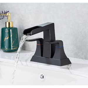 Square 4 in. Centerset 2-Handle Spout Bathroom Faucet with Drain Kit and Water Supply Lines Included Waterfall in Black